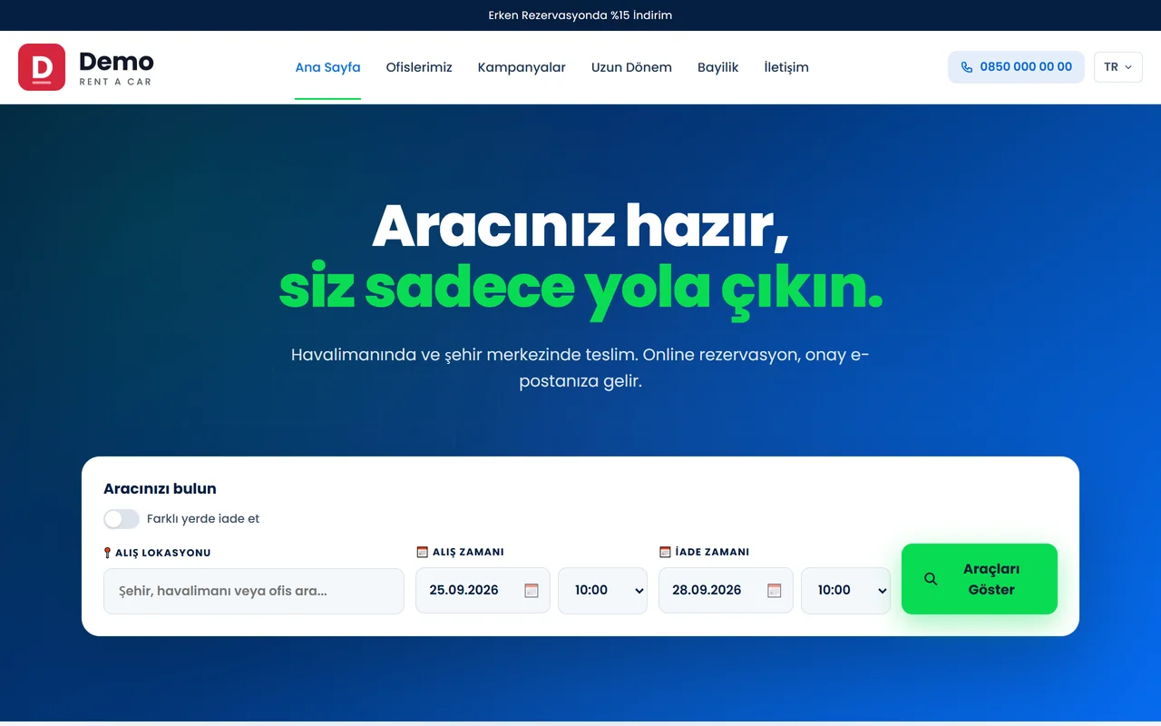 Yolzz Pro ile kurulan demo sitesinin ana sayfası: üst menü, tanıtım başlığı ve alış yeri, tarih, saat seçimi olan araç arama formu