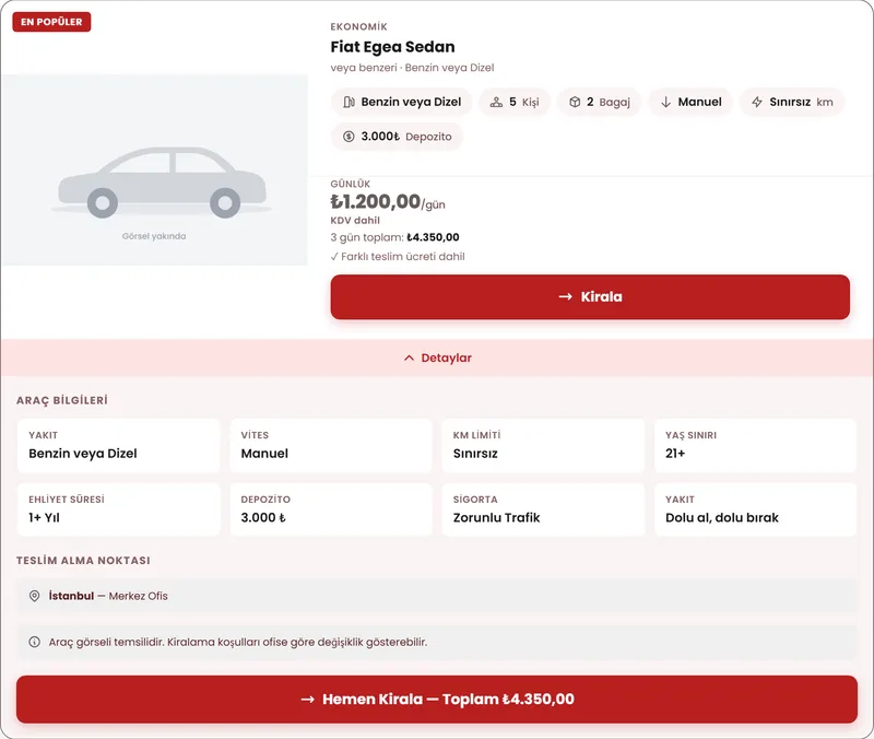 Demo sitesinde araç kartı: günlük 1.200 TL KDV dahil, 3 gün toplam 4.350 TL, farklı teslim ücreti dahil notu; detaylarda yakıt, vites, km limiti, yaş sınırı, ehliyet süresi, depozito, sigorta ve yakıt kuralı