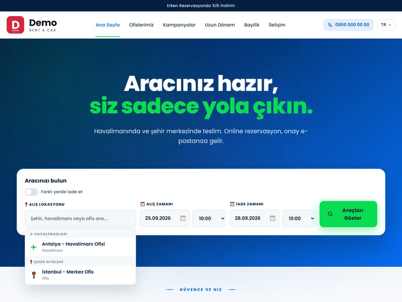 Arama formunda alış yeri kutusu açık: havalimanı ve şehir ofisleri listeleniyor