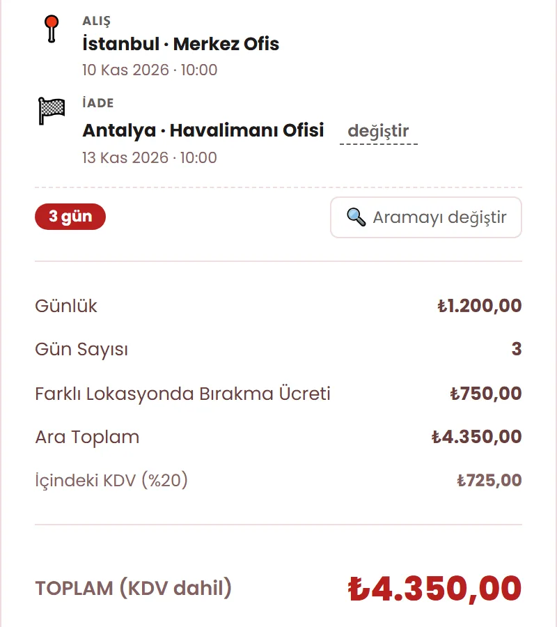 Demo sitesinde rezervasyon özeti: alış İstanbul Merkez Ofis, iade Antalya Havalimanı Ofisi, 3 gün; günlük 1.200 TL, farklı lokasyonda bırakma ücreti 750 TL, içindeki KDV 725 TL, KDV dahil toplam 4.350 TL