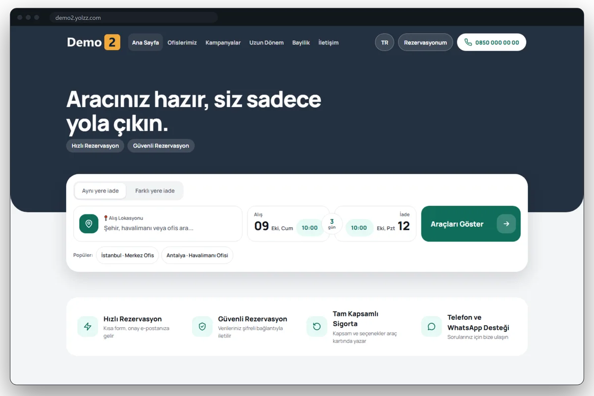 Orion teması masaüstü ana sayfası: koyu üst bölüm, aynı yere ve farklı yere iade sekmeleri, büyük tarih kutuları ve popüler alış yerleri olan arama kartı