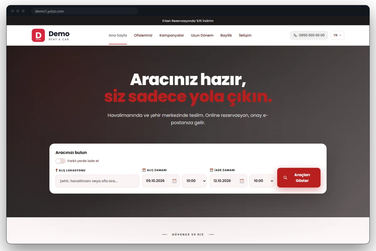 Vega teması masaüstü ana sayfası: üstte duyuru şeridi ve menü, kapak görseli üzerinde alış yeri, tarih ve saat seçimi olan arama formu