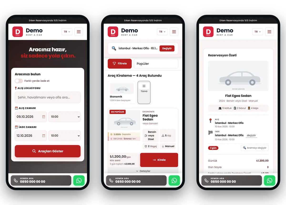 Vega teması telefonda üç ekran: ana sayfa arama formu, araç listesi ve rezervasyon ekranı; altta sabit Hemen ara ve WhatsApp düğmeleri
